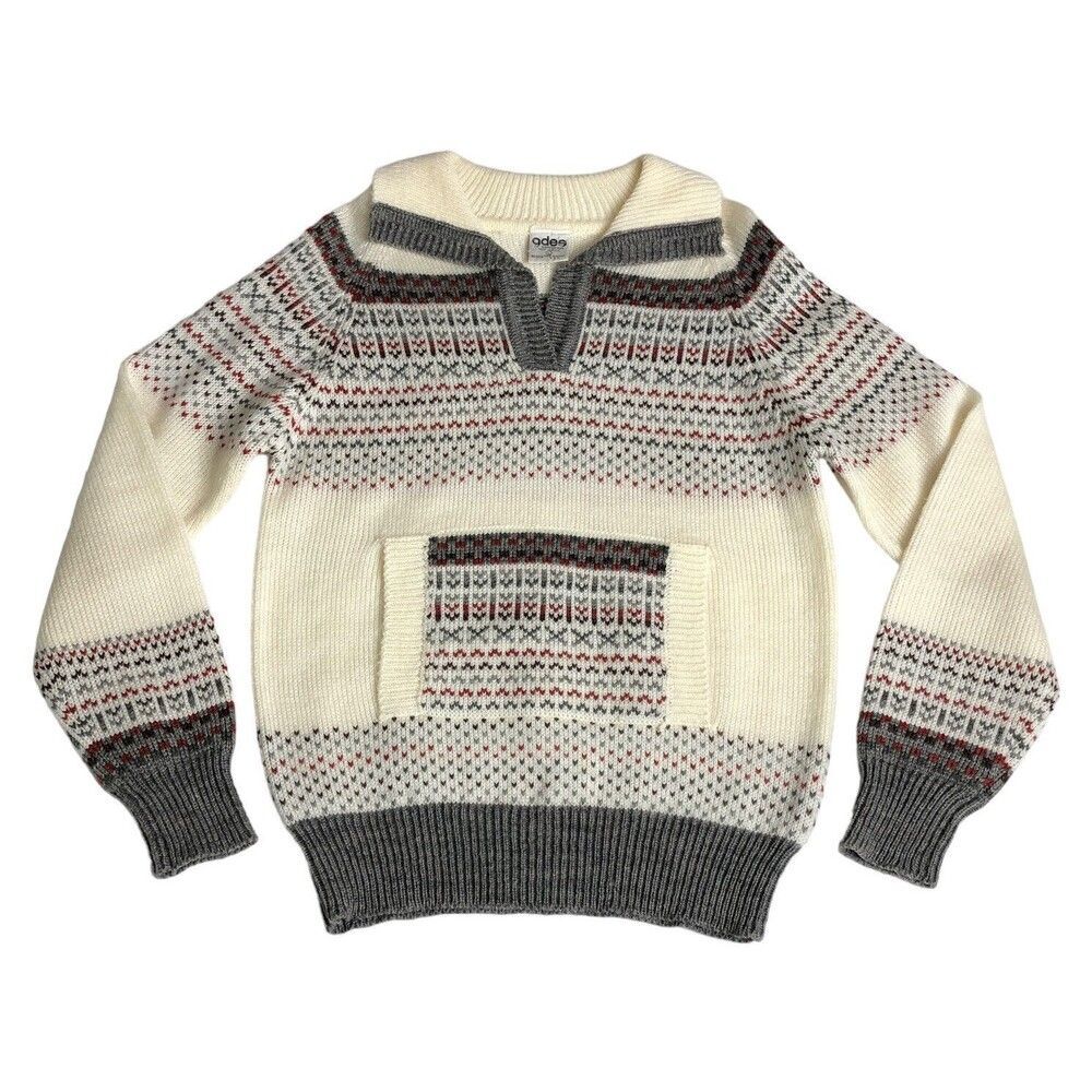 Vintage Ades Of California Sweater Womens Large Fair Isle V Neck Pocket‎ Acrylic